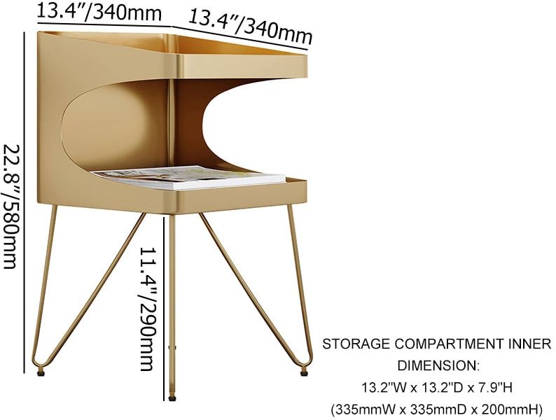 HMR Modern Open Nightstand with 2 Shelves - Gold