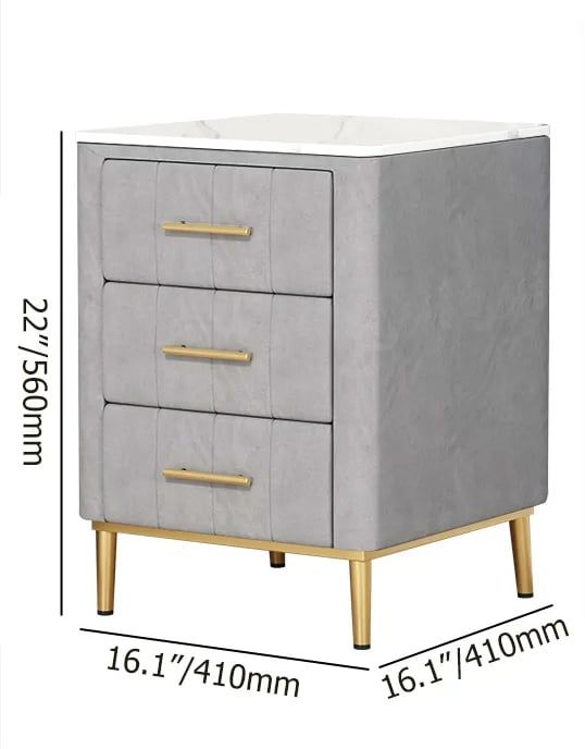 HMR - Velvet Bedside 3-Drawer Table with Sintered Stone Top in Gray