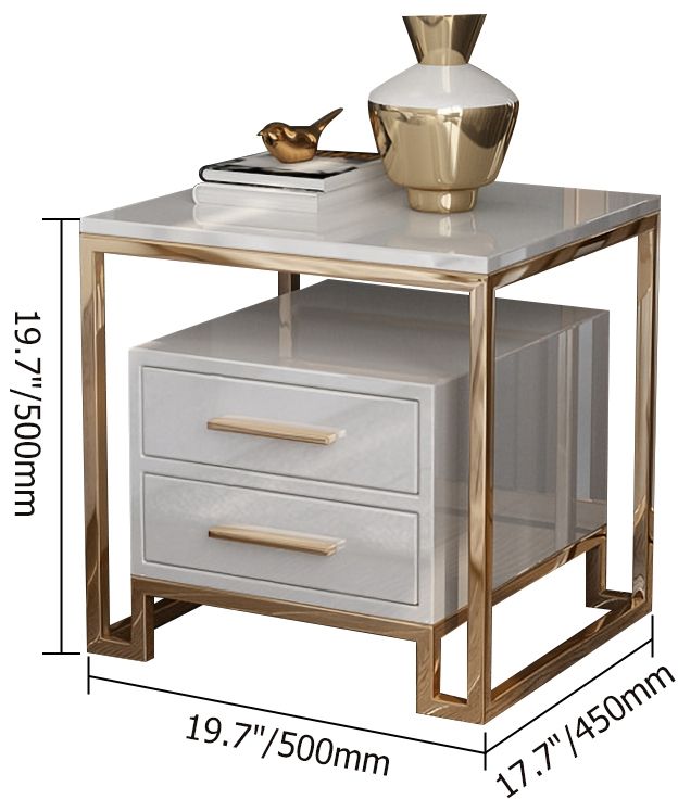 HMR - Side Table with Two-Drawer End Table Stainless Steel in Gold in White