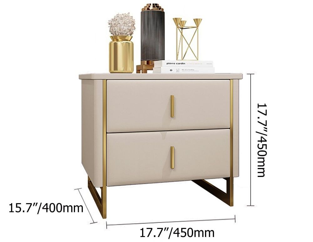 HMR Modern Nightstand with 2-Drawer - Beige/Gold, Faux Leather