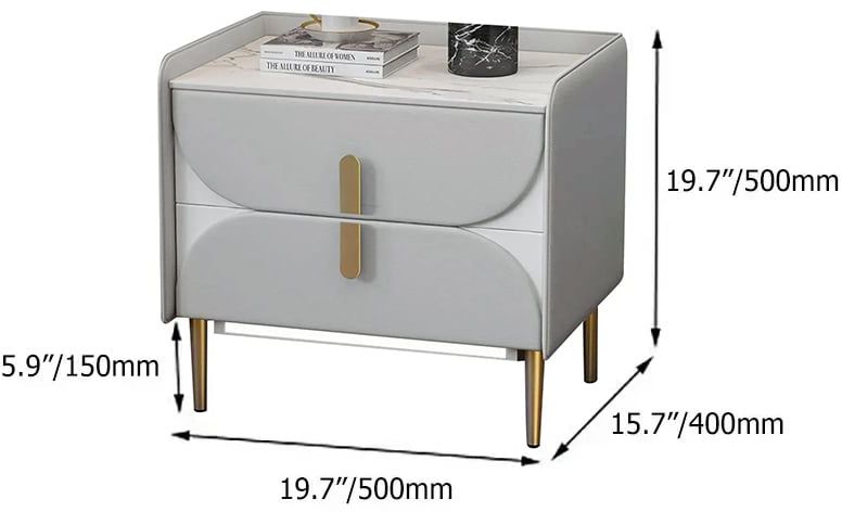 HMR - Microfiber Leather Upholstered Nightstand with Sintered Stone Top and LED Light in Gray