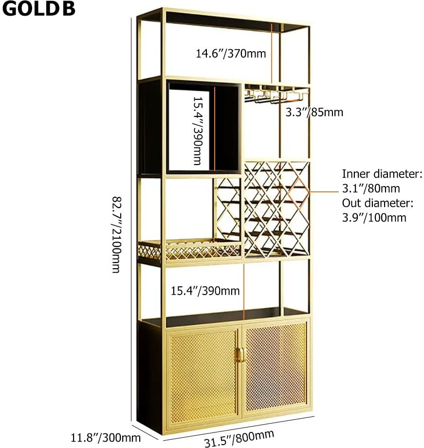 HMR Industrial Bar Wine Rack Cabinet with Glass Holder - Gold, Style B