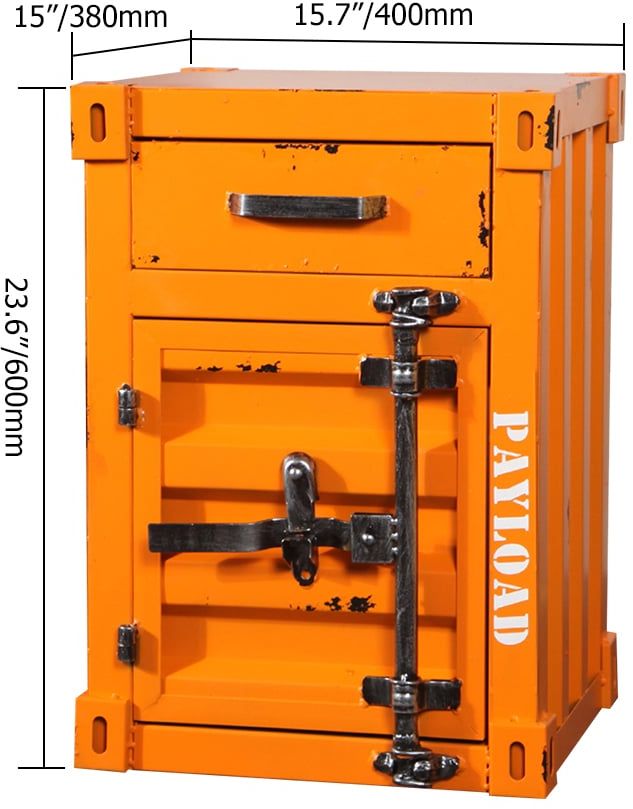 HMR Ctainer Industrial Nightstand Retro Bedside Storage Cabinet with Door & Drawer - Orange