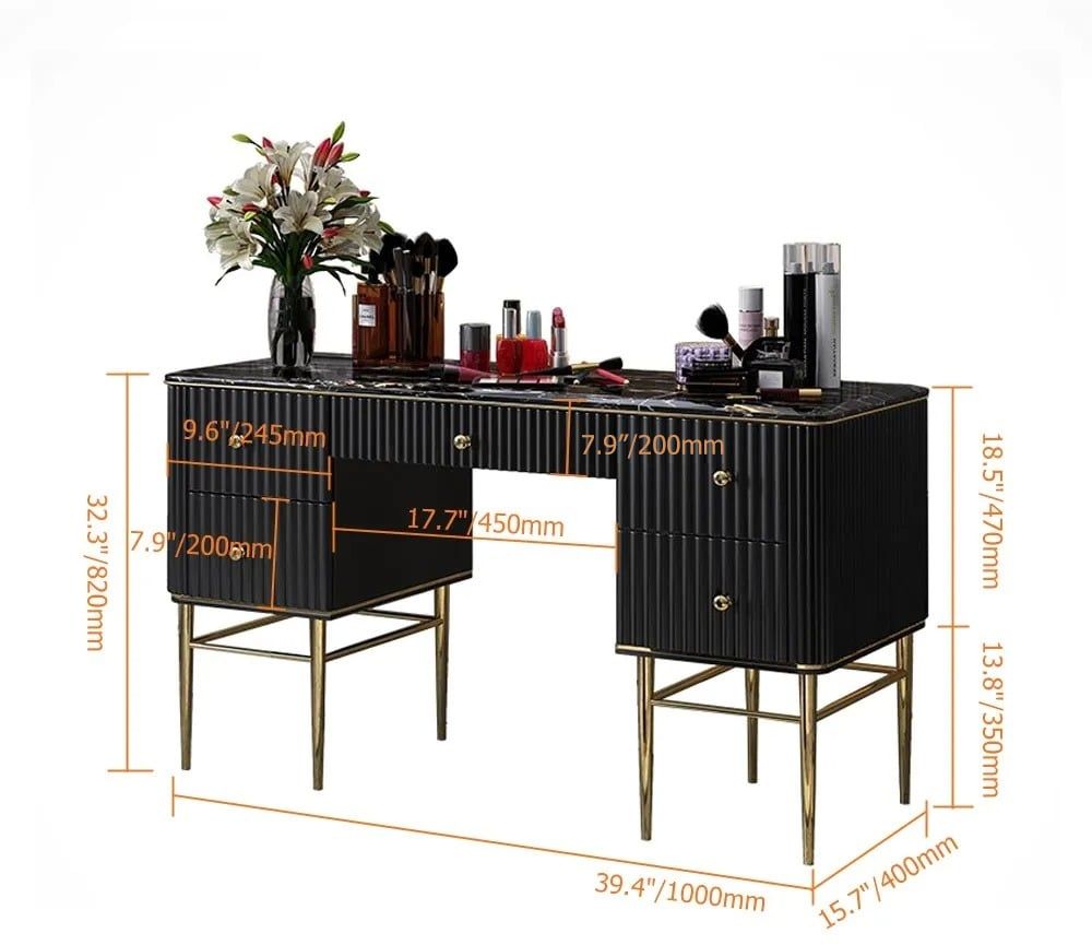 HMR Bline Series Makeup Vanity Table with Drawers - Black, Stainless Steel