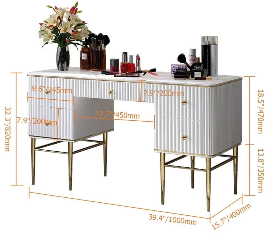 HMR Bline Series Makeup Vanity Table with Drawers - White, Stainless Steel