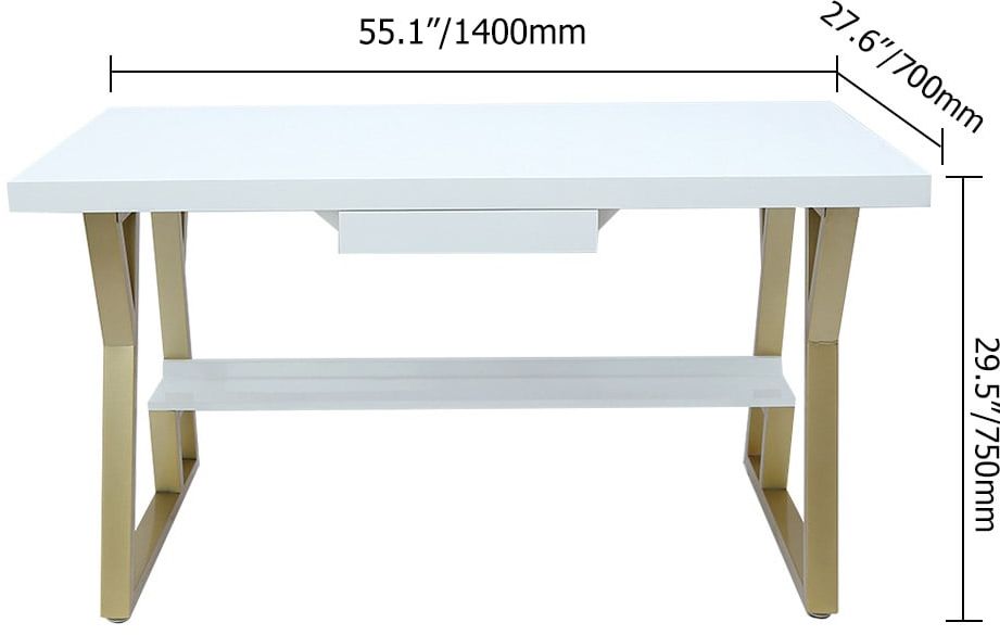 HMR - Computer Office Desk with Drawer and Shelf in White, 55.1"L x 27.6"W