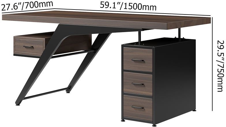 HMR - Office Computer Desk with 4 Drawers in Metal Legs in 59"L, Black, Natural