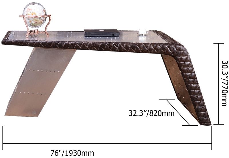 HMR - Aviator Desk with Storage in 76"L, Aluminum and Leather