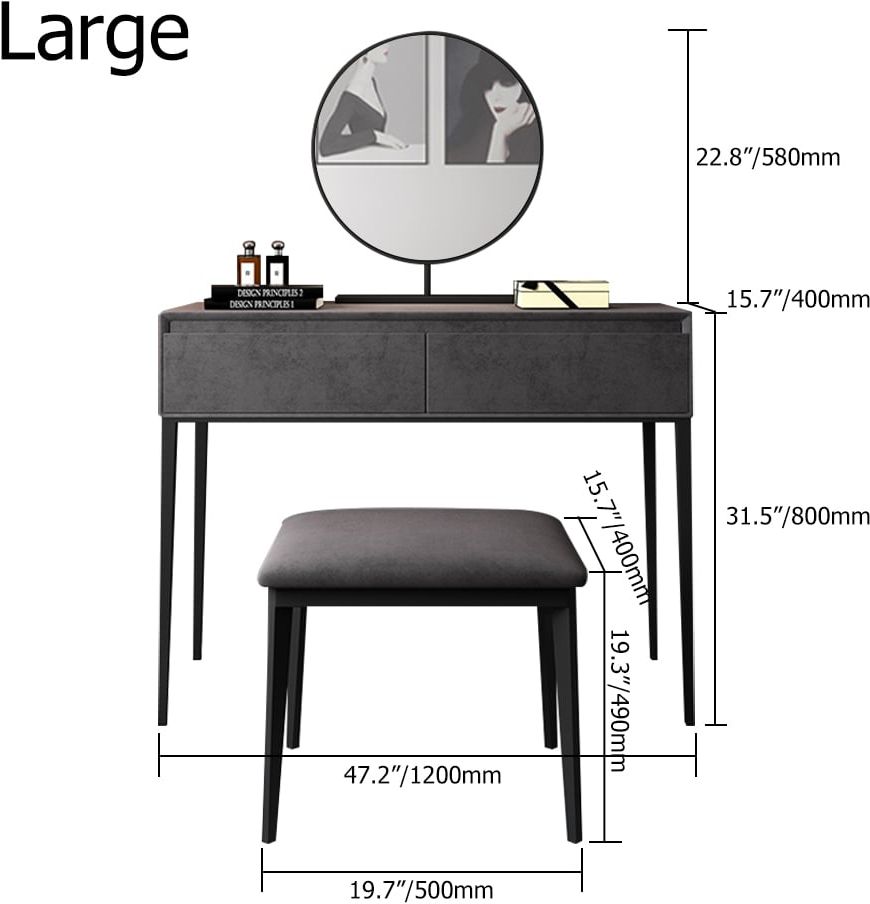 HMR Modern Makeup Vanity Set with Velvet Surface Dressing & Mirror & Stool - Gray, Large