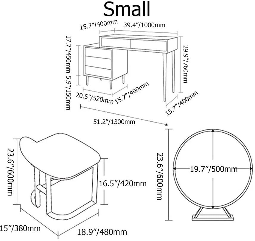 HMR Modern Makeup Vanity Set Retracted Dressing Table Cabinet & Stool & Mirror Included - Blue
