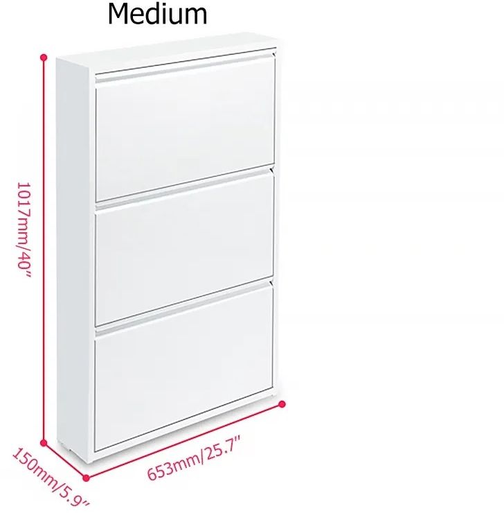 HMR - Narrow Wall Mounted Shoe Storage Cabinet in Medium in White, 25.7"W