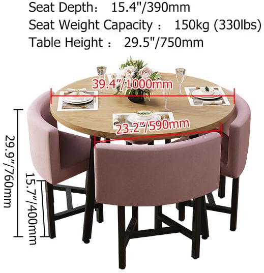 HMR Dining Set 39.4" Modern Round Wood Dining Table with 4 Chairs - Pink/Natural
