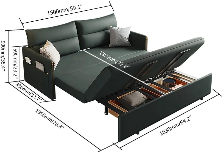 HMR - Convertible Sofa Bed with Storage in 64"L, Green