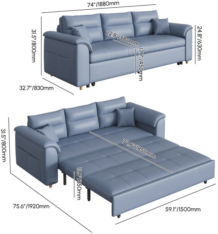 HMR Queen 2-Seater Sleeper Sofa - Blue, Leath-aire