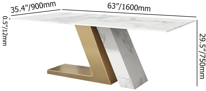 HMR Luxury 63" Rectangle Dining Table for 6-8 People - White/Brushed Gold