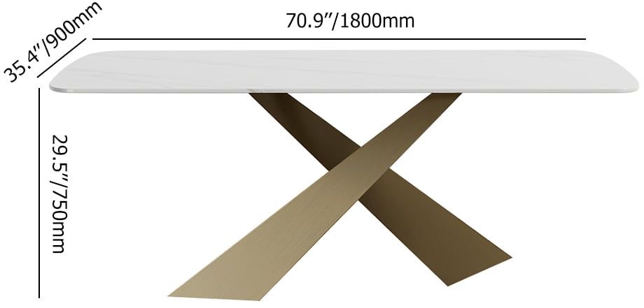 HMR Luxury Modern 70.9" Rectangle Dining Table for 4-6 People - White/Antique Brass, Sintered Stone