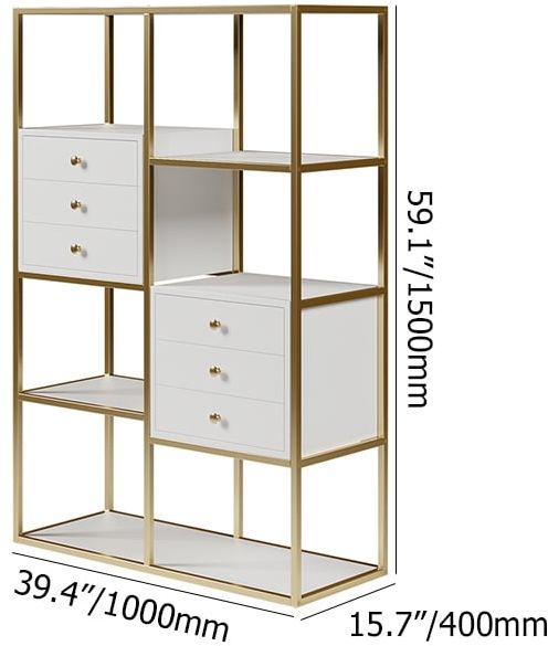 HMR - Geometric 6 Shelves and 6 Drawers Bookcase in White and Gold
