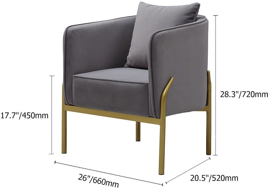 HMR - Velvet Accent Chair with Gold Legs and Pillow in Gray