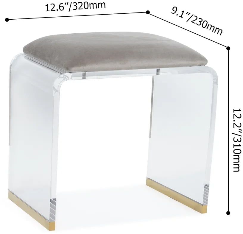 HMR Velvet Upholstered and Acrylic Frame Makeup Vanity Stool and Clear Ottoman - Gray, 12.6"W x 9.1"D x 12.2"H