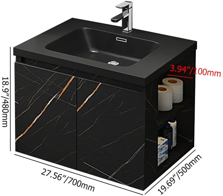 HMR Wall-Hung Bathroom Vanity with Top Stone Slate Vessel/Sink - Black, Faux Marble