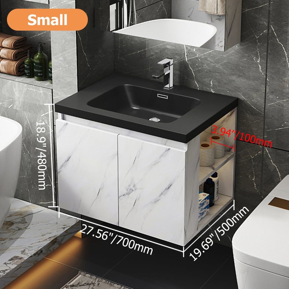 HMR Wall-Hung Bathroom Vanity with Top Stone Slate Vessel/Sink - White, Faux Marble