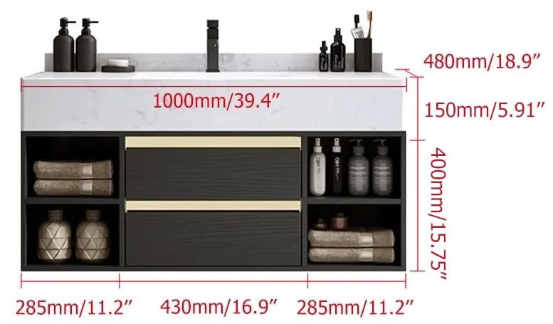 HMR 39.4" Modern Floating Bathroom Vanity Set with Ceramic Sink 2 Drawers & Open Shelves - Black