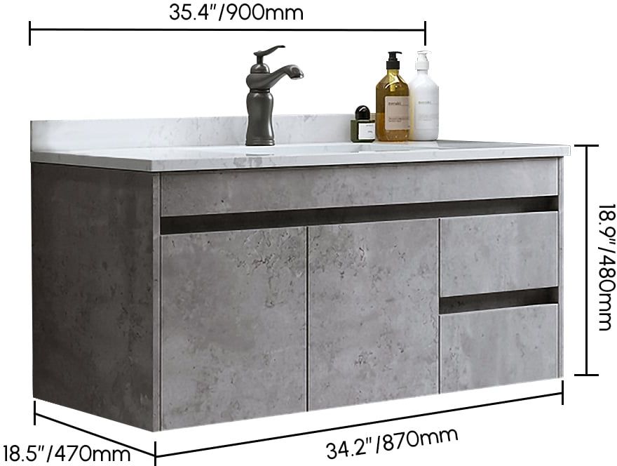 HMR - 36" Floating Bathroom Vanity with Sink Wall Mounted in Faux Marble Vessel