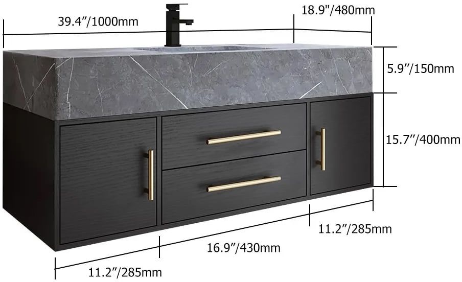 HMR 39" Modern Floating Stone Top Bathroom Vanity Set with Sink - Black/Gold, Wall Mounted