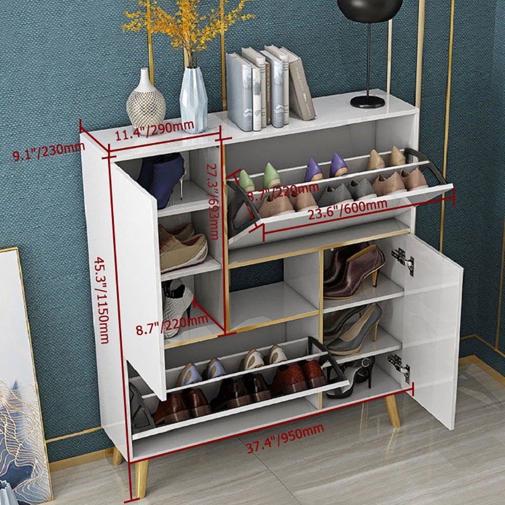 HMR - Modern 17-Pair Shoe Storage Cabinet with 2 Doors and Shelves and Pull-Down Drawers in White