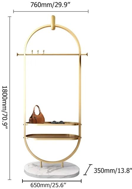 HMR - Oval Garment Rack with 2-Tier Shelves and Faux Marble Base in Gold
