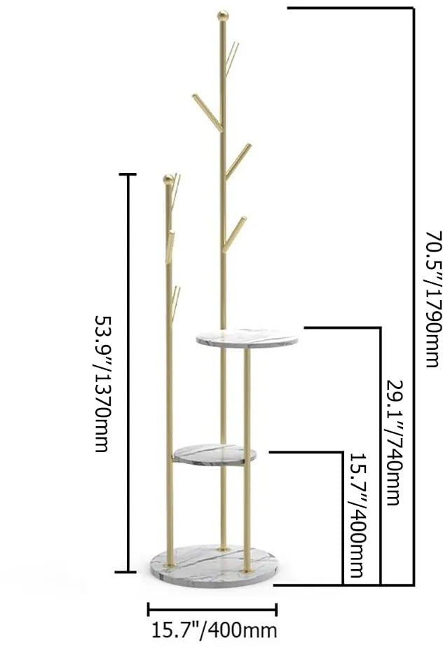 HMR - Modern Entryway Standing Coat Rack with 9 Hooks and 2 Shelves in Gold