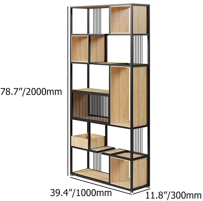 HMR - 78" Geometric Bookcase 6-Tier in Natural and Black