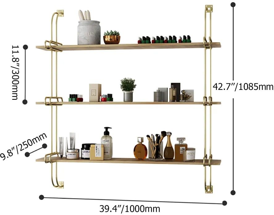 HMR Luxury 3-Tier 39" Floating Shelves Wall Shelf - Natural/Gold, MDF