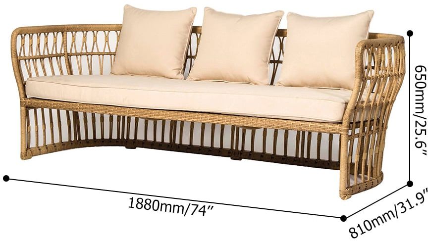 HMR - Tropical Style Rattan Sofa with Square Arm and Cushion Pillow 74" in Natural