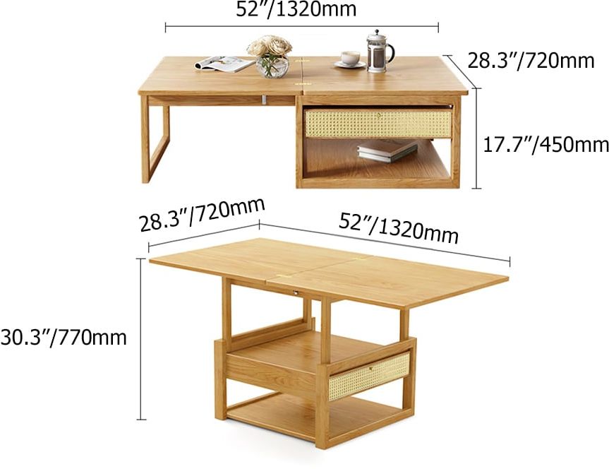 HMR - Japandi Wooden Folding Coffee Table Set Dining Table Rattan Nesting Accent Table