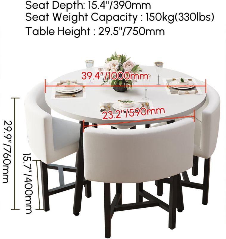 HMR Dining Set 39.4" Modern Round Wood Dining Table with 4 Chairs - White