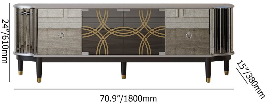 HMR - 70.8" Mid-century Modern Black & Silver Antique Mirror TV Stand Glass Doors