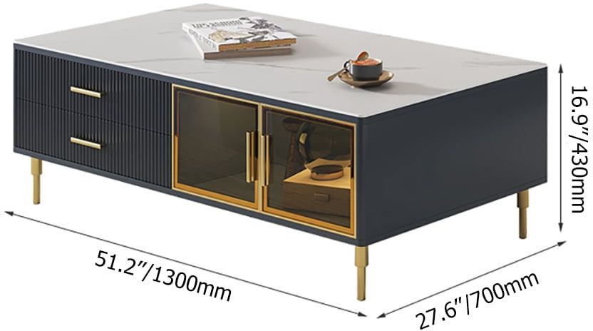 HMR - Cofab Modern Blue Coffee Table with 2 Glass Door Storage & 4 Drawers Gold Metal Legs