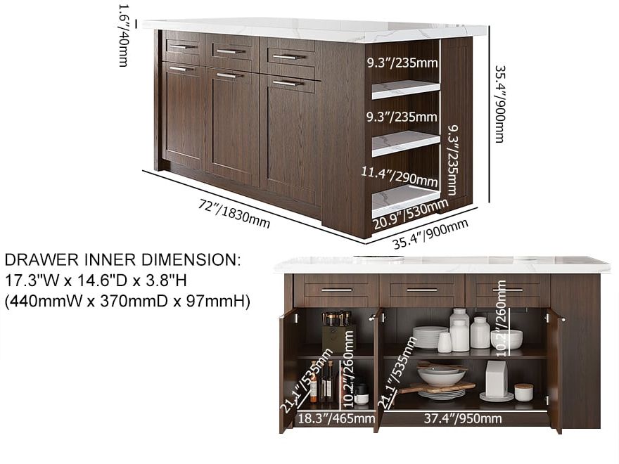 HMR 72" Modern Style Laminate Kitchen Islands with Multi-Storage - Walnut, Engineered Wood