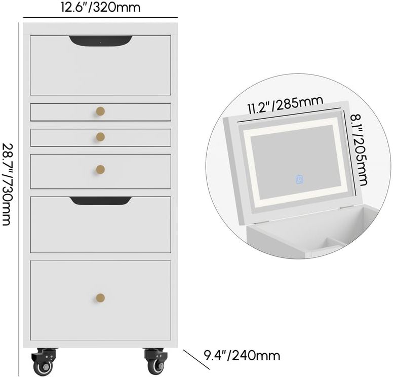 HMR - 5-Drawer Beauty Cart Dresser with LED Mirror & Jewelry Storage