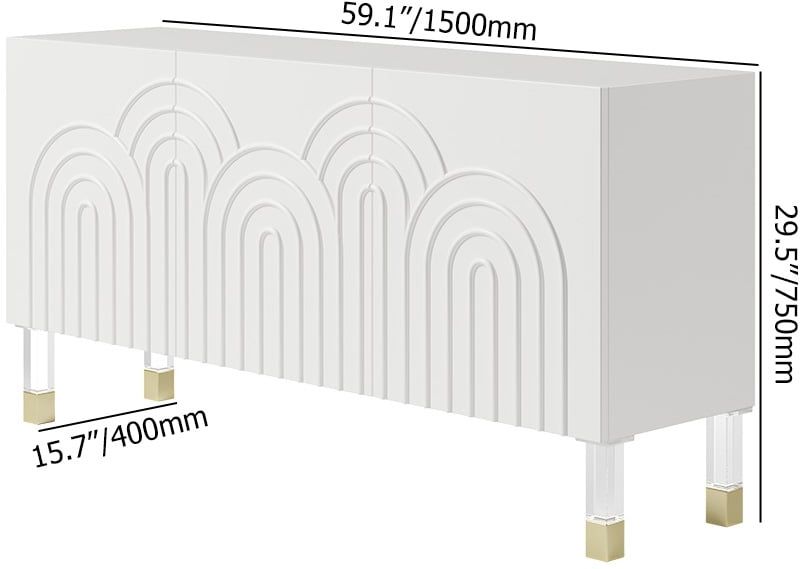 HMR - Modern White Credenza Cabinet 3-Door Wavy Pattern Sideboard Acrylic Legs