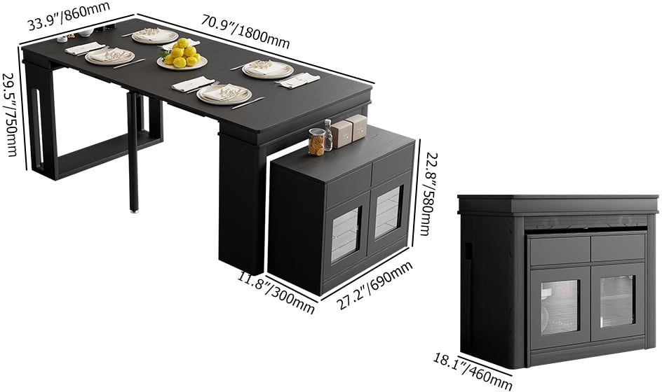 HMR 70.9" Rectangle Folding Wood Dining Table with Sideboard (Seats 2-4 People) - Black