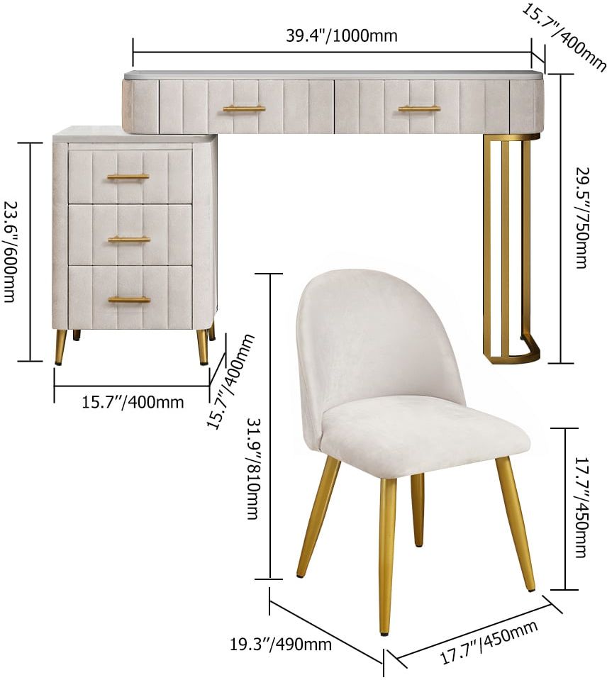 HMR Modern Expandable Makeup Vanity Dressing Table with Chair - White, Velvet