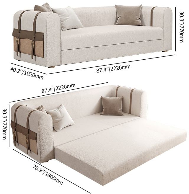 HMR - 87" Modern White Boucle 3-Seater Sofa Upholstered Convertible with Side Storage