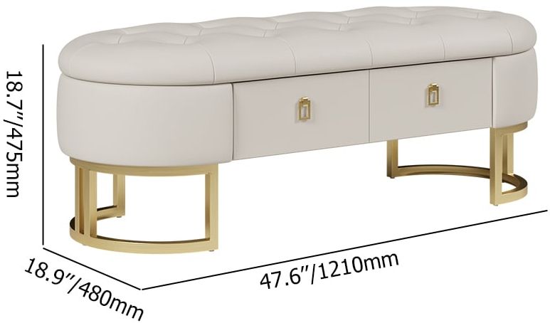 HMR - Modern Beige Bedroom Storage Tufted Bench with 2 Drawers in Leather Upholstery