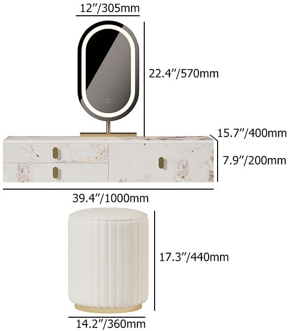 HMR - Modern White Floating Makeup Vanity Set Dressing Table with LED Mirror & Leather Stool