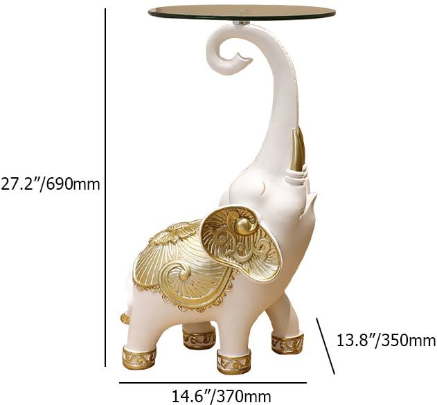 HMR - White Elephant Side Table in Gold Finish Modern End Table with Clear Glass Tray Top