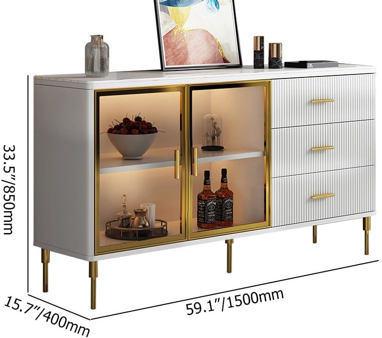 HMR Cofab Sideboard Sintered Stone Top Luxury Buffet Tempered Glass Doors - White, 59"