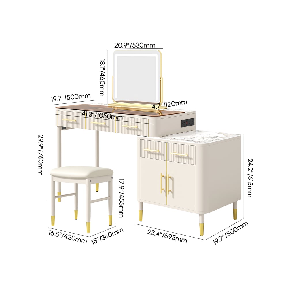 HMR Glass Sintered Stone Top Makeup Vanity Set with Mirror - White