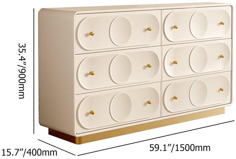 HMR - 59.1"W Art Deco White & Gold 6 Drawer Dresser Chest with Storage Cabinet
